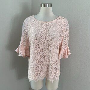 Nanette Lepore Womens XL Pink Floral Lace Bell Sleeve Blouse Cotton Blend Shirt